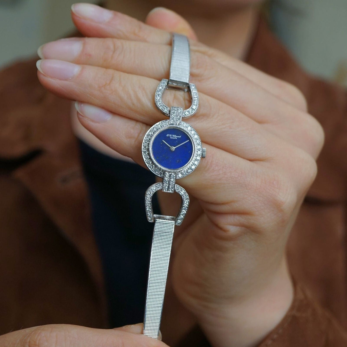 Vintage Chopard 18K White Gold Diamond Lapis Lazuli Watch 20mm