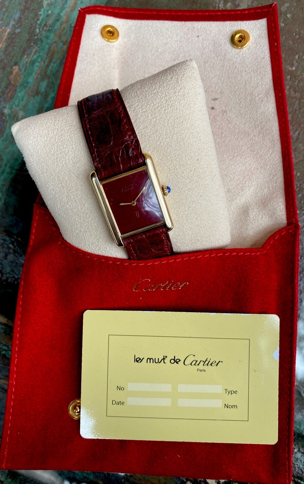 Must de Cartier Tank LM Manual Wind Burgundy Spiderweb Dial
