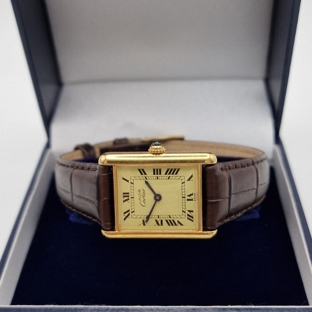 Must de Cartier Tank Mid-Size Vermeil on New Brown Strap
