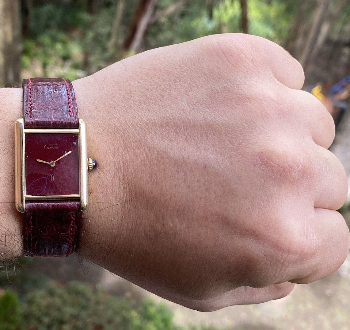 Must de Cartier Tank LM Manual Wind Burgundy Spiderweb Dial