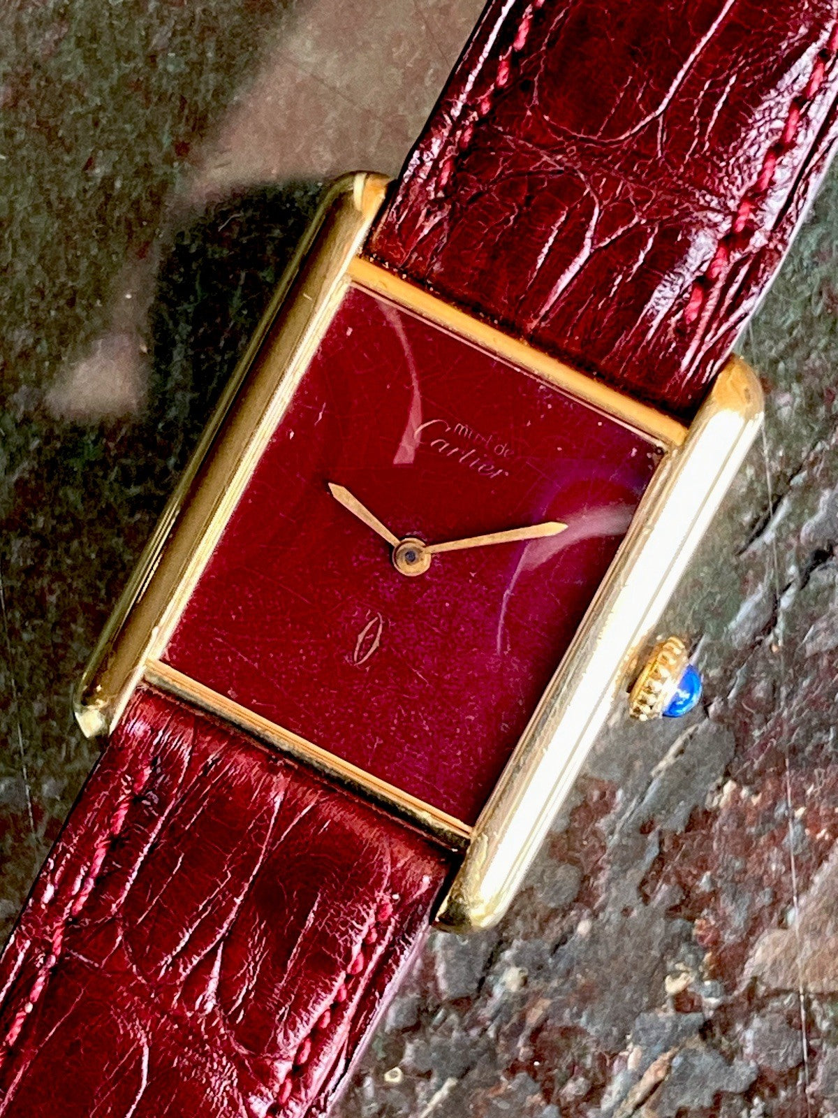 Must de Cartier Tank LM Manual Wind Burgundy Spiderweb Dial